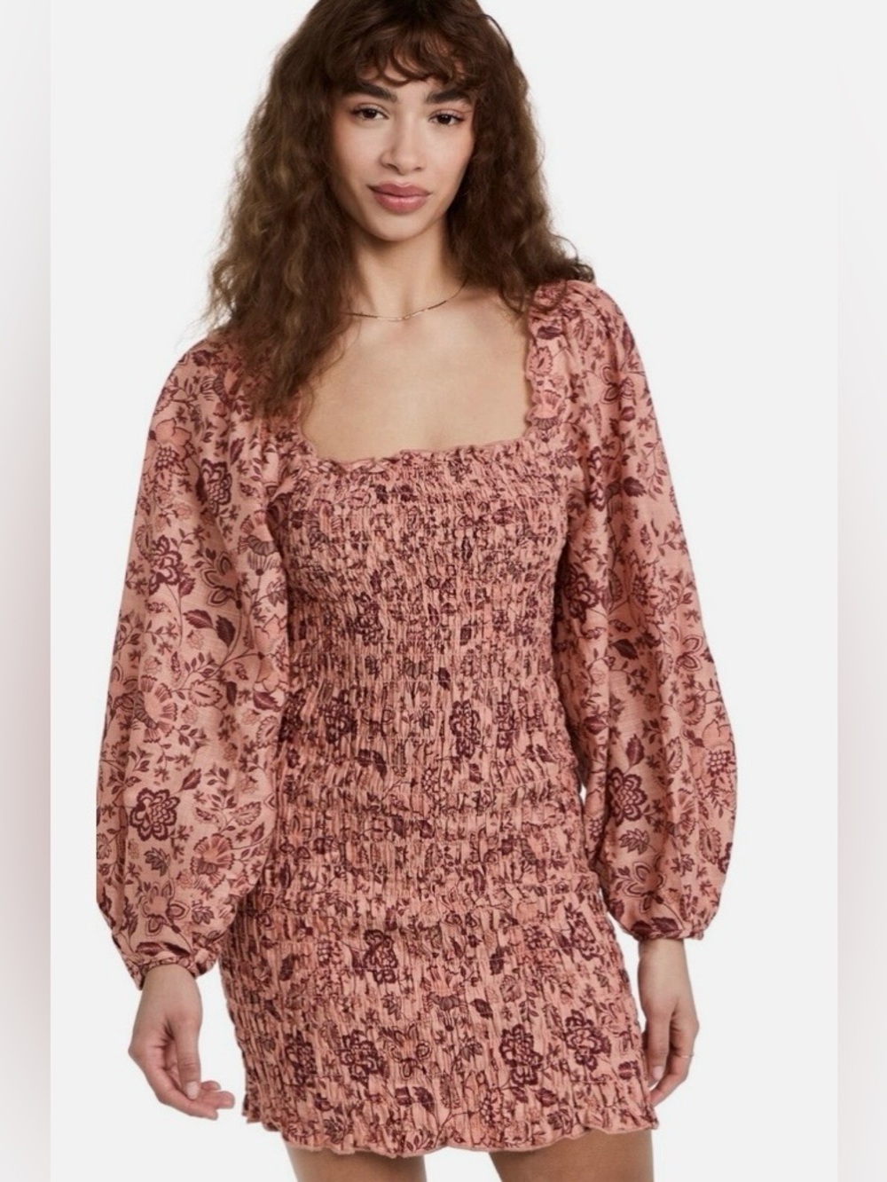 NWT Free People Smock It to Me Mini Dress Apricot Combo Pink Floral Size Small - Picture 2 of 7